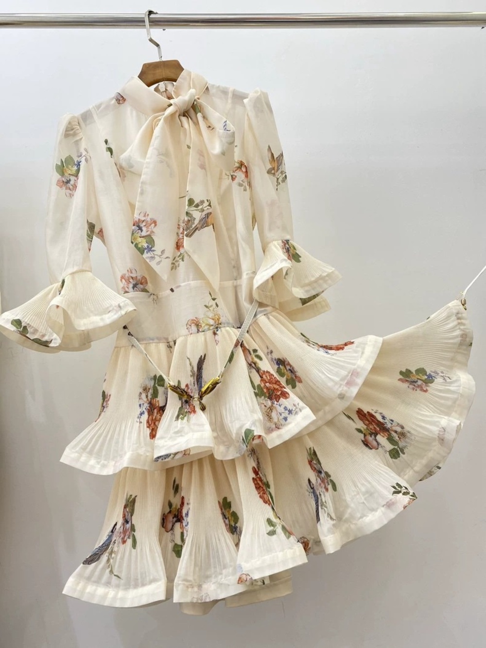 Zimmermann Cream Floral Tie-Neck Tiered Mini Dress - Picture 5 of 10